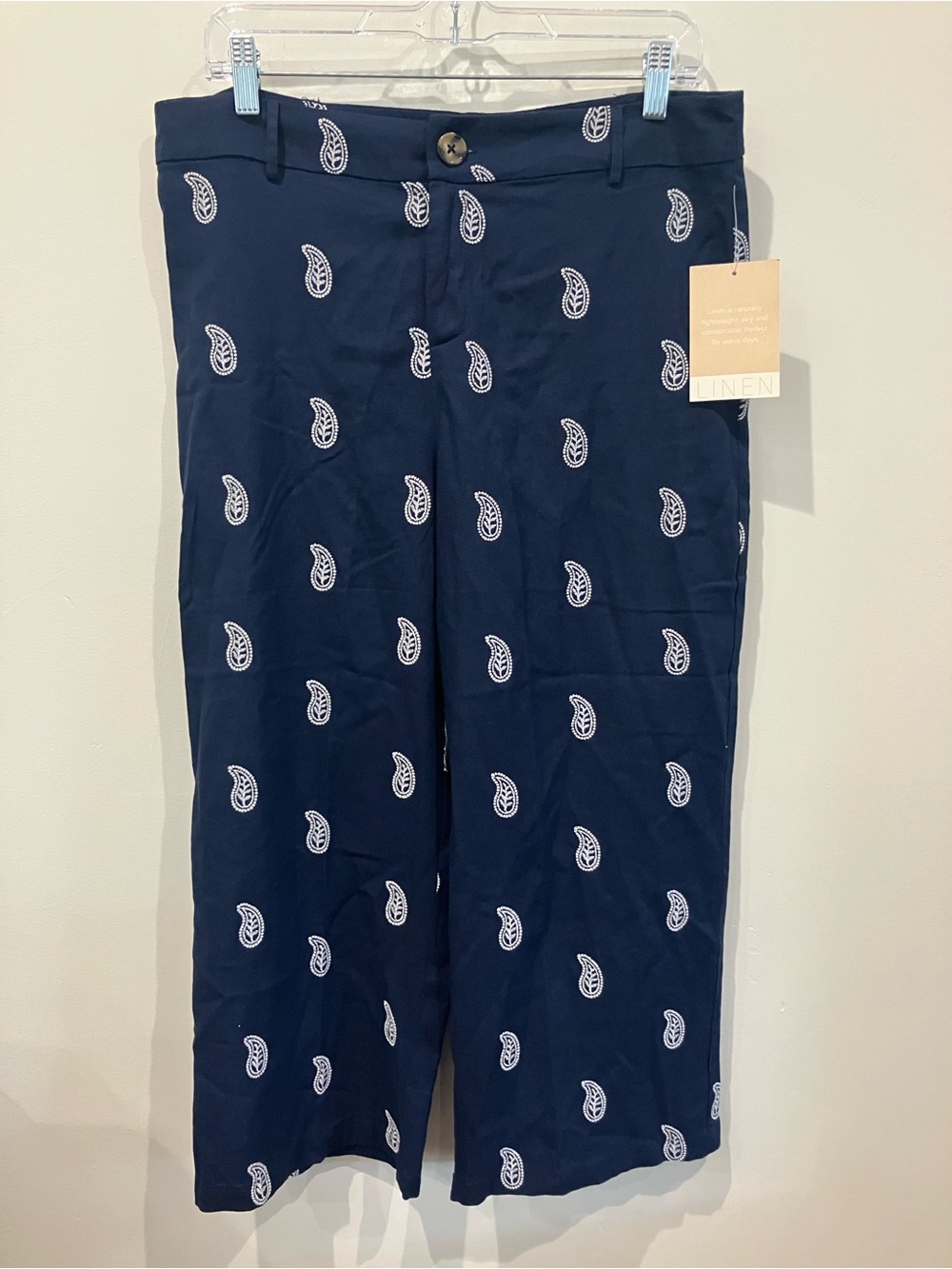 NWT Calligraphie Womens Wide Leg Nautical Navy Linen Blend Paisley Cropped Pants
